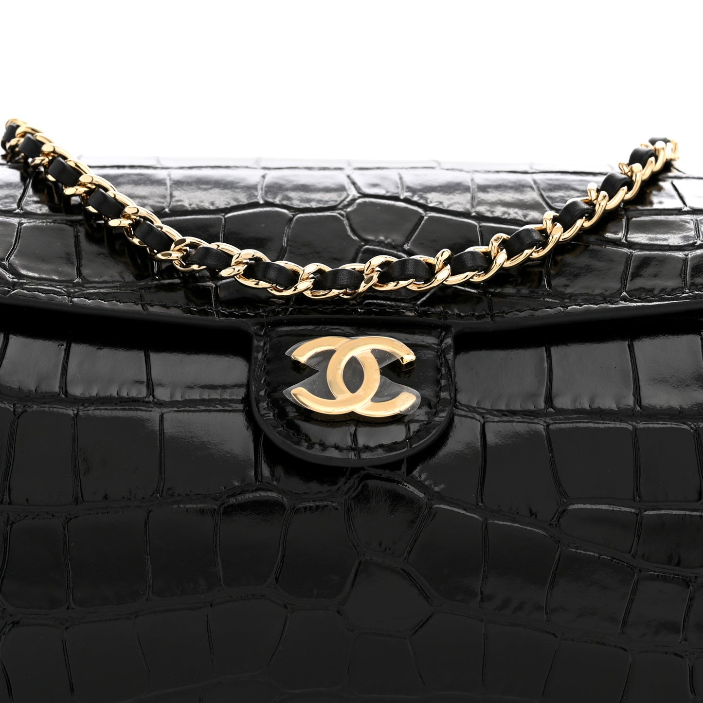 Crocodile Embossed Quilted Turn Around Clutch With Chain Black