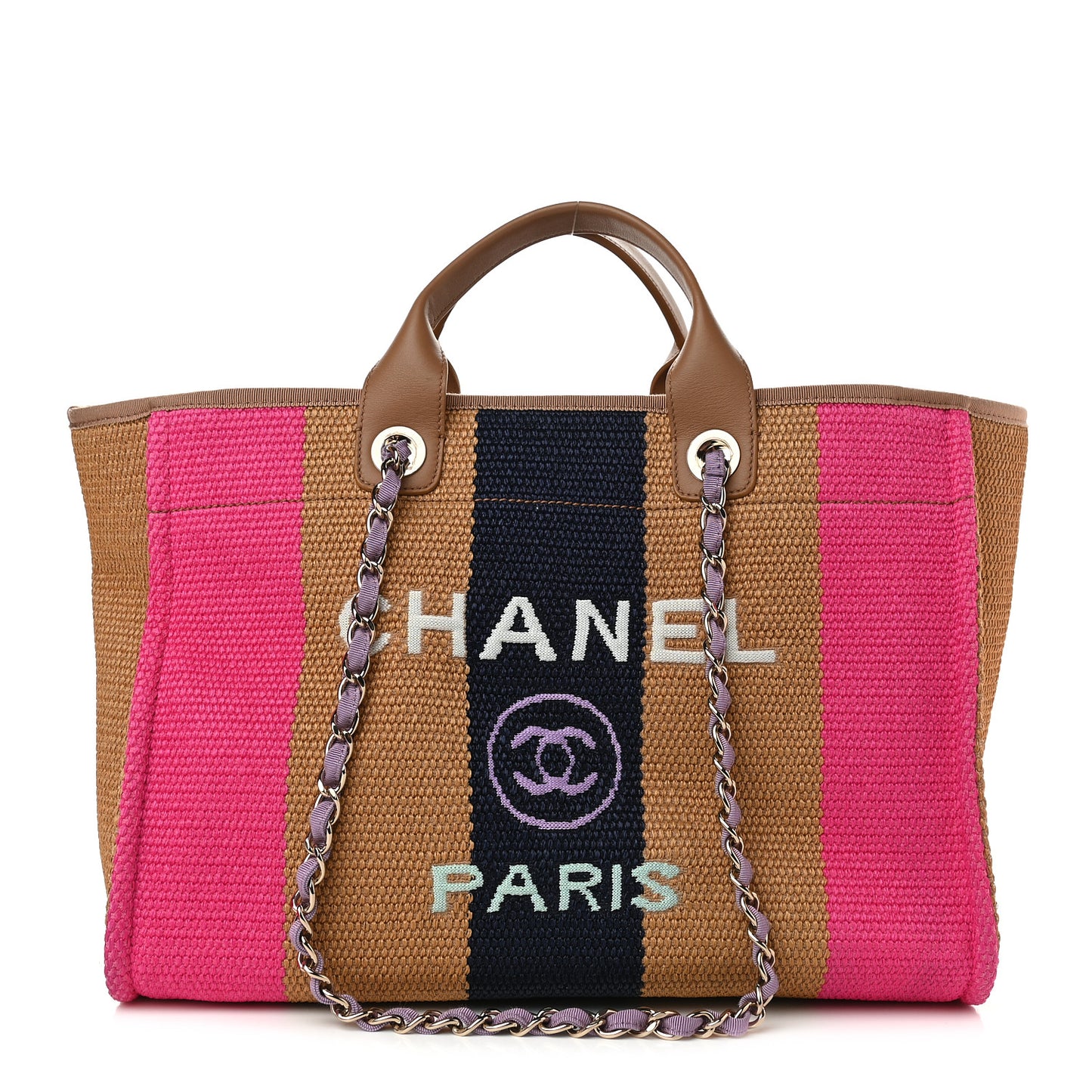 Straw Raffia Calfskin Striped Medium Deauville Tote Dark Beige Fuchsia Navy Blue