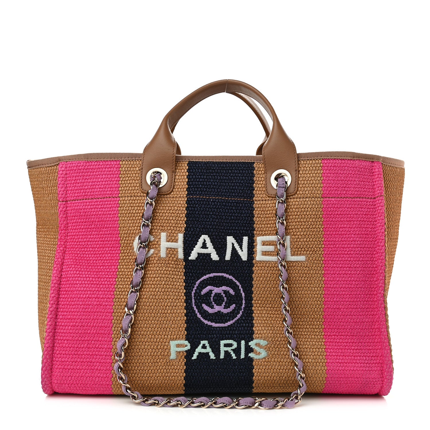 Chanel Straw Raffia Calfskin Striped Medium Deauville Tote Dark Beige Fuchsia Navy Blue 1 of 9