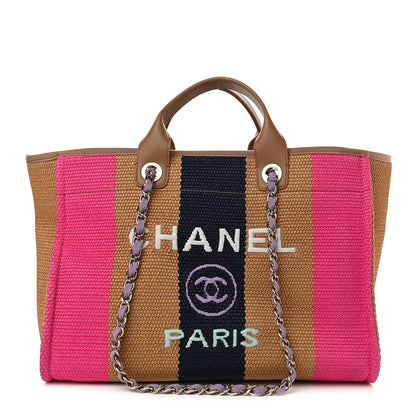 Chanel Straw Raffia Calfskin Striped Medium Deauville Tote Dark Beige Fuchsia Navy Blue 1 of 9