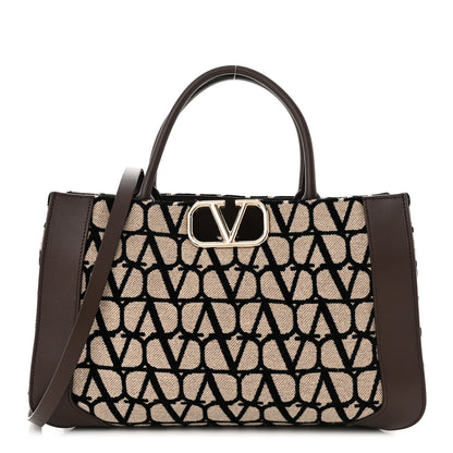 Valentino Garavani Toile Iconographe Calfskin Medium Vlogo Tote Naturale Black Fondant 1 of 10