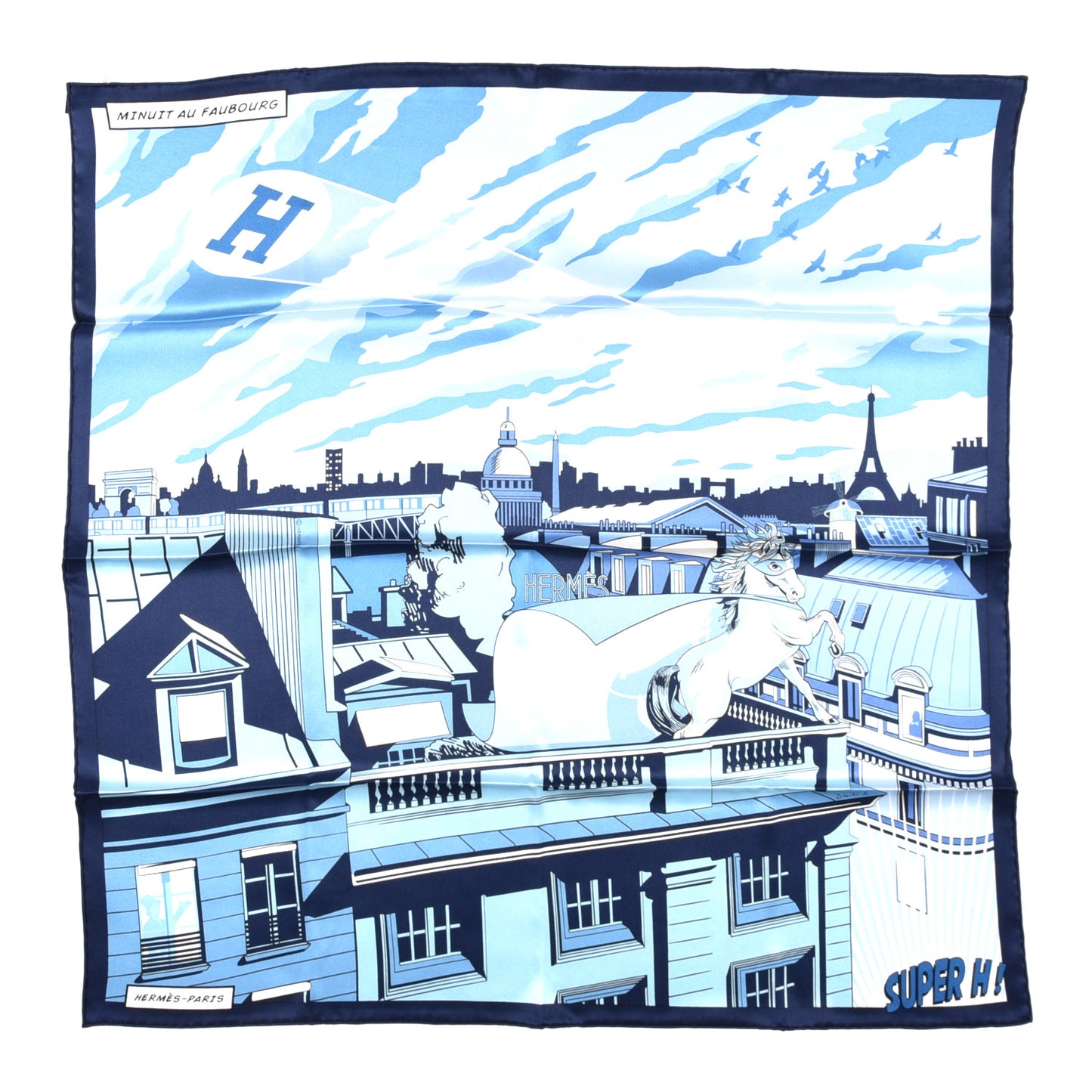 Silk Minuit Au Faubourg Scarf 70 Marine Ciel White