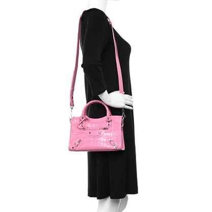 Balenciaga Shiny Supple Calfskin Crocodile Embossed Classic Silver Hardware Mini City Baby Pink 2 of 10