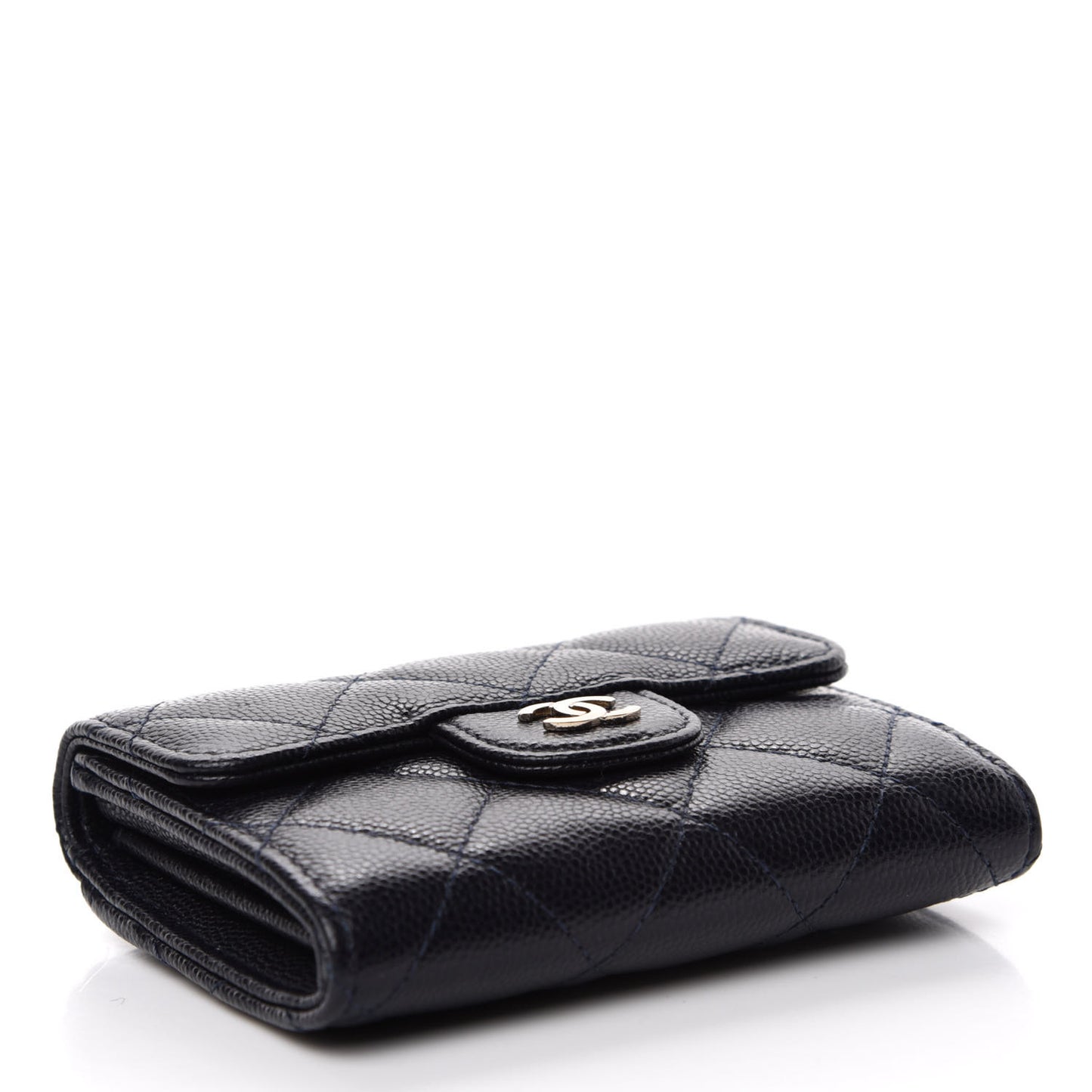Caviar Quilted Flap Card Holder Wallet Navy Blue