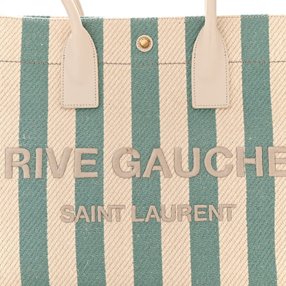 Saint Laurent Cotton Linen Calfskin Striped Rive Gauche Tote Water Green 8 of 11