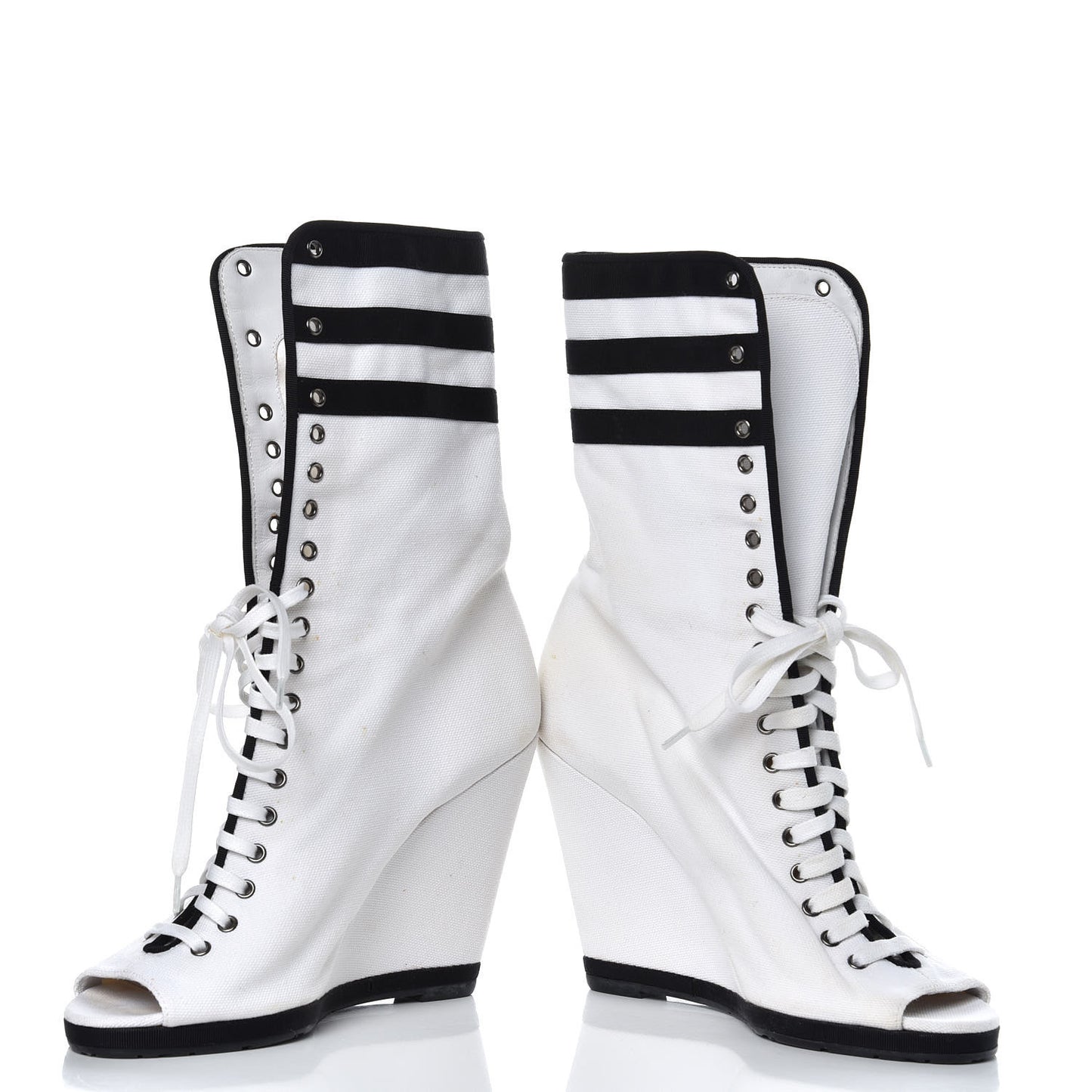 Canvas Lace Up Wedge Boots 37.5 White Black