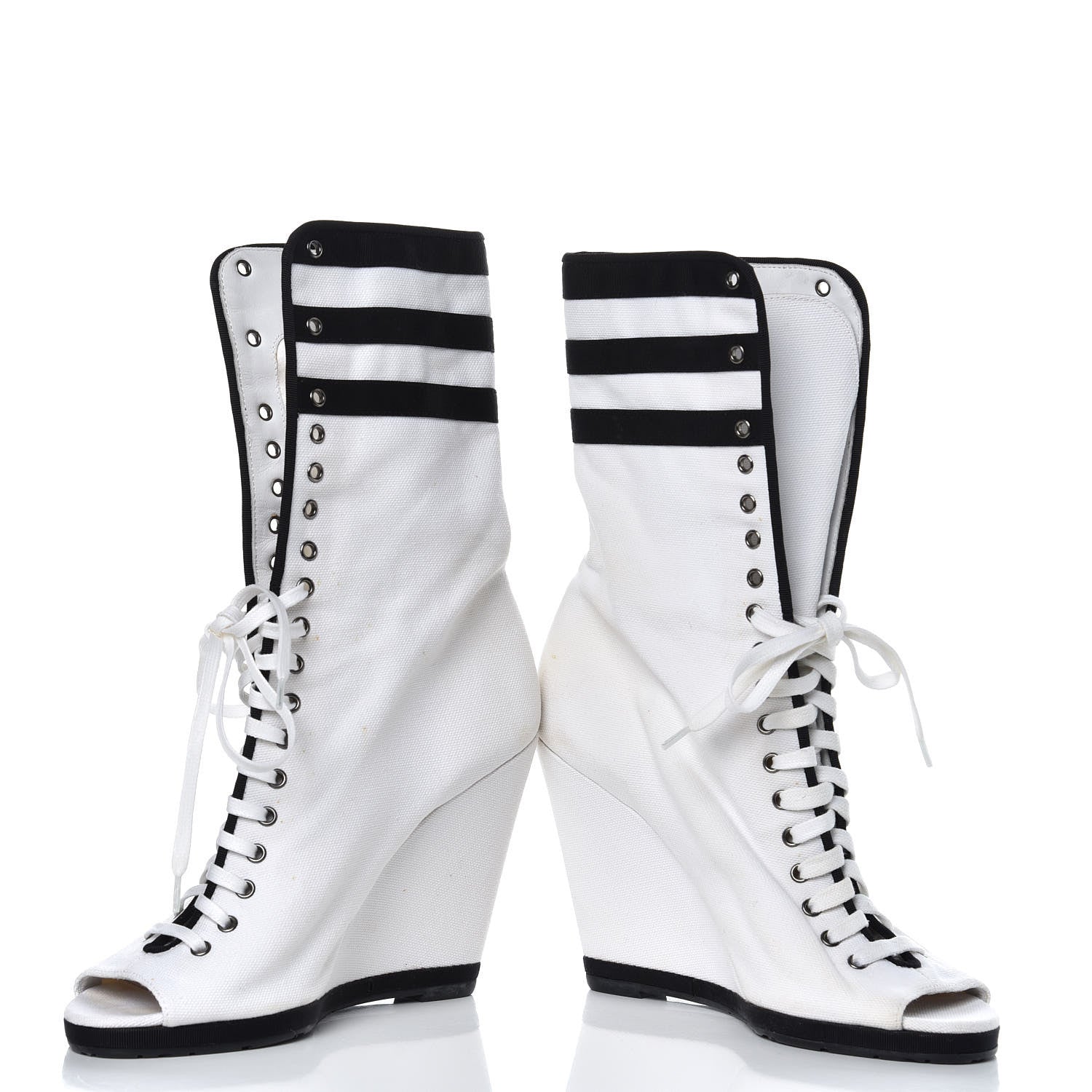 Chanel Canvas Lace Up Wedge Boots 37.5 White Black 6 of 13