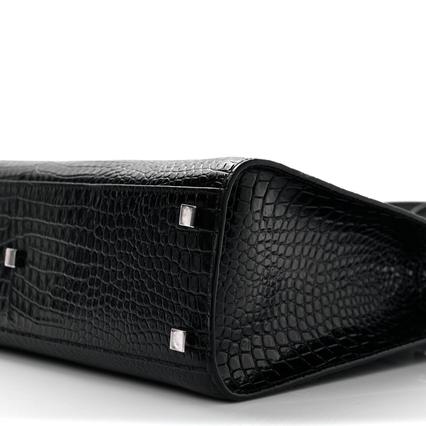 Shiny Calfskin Crocodile Embossed Small Manhattan Shopper Tote Black