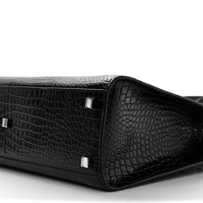Saint Laurent Shiny Calfskin Crocodile Embossed Small Manhattan Shopper Tote Black 8 of 10