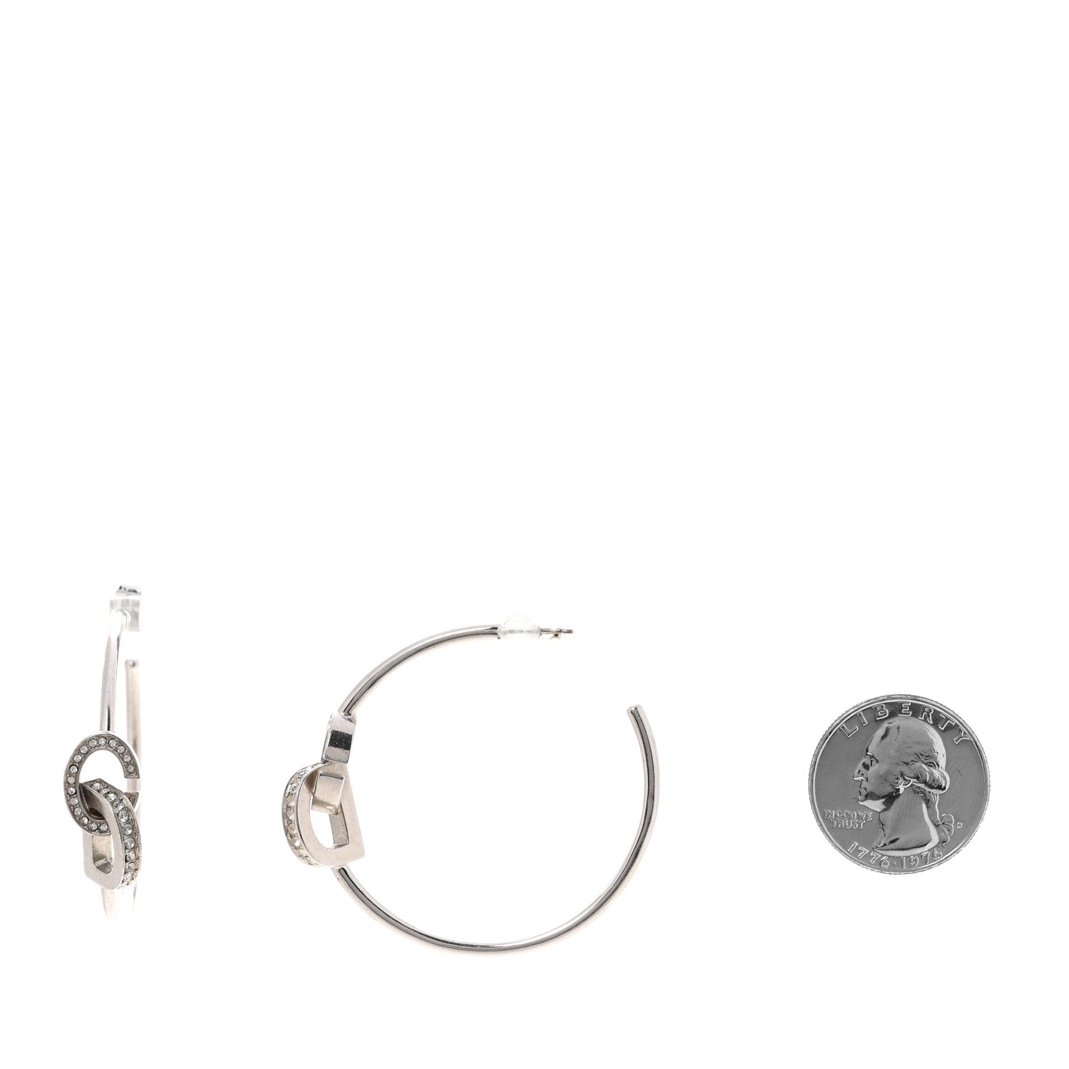 Christian Dior Metal Crystal CD Lock Hoop Earrings Silver 2 of 4