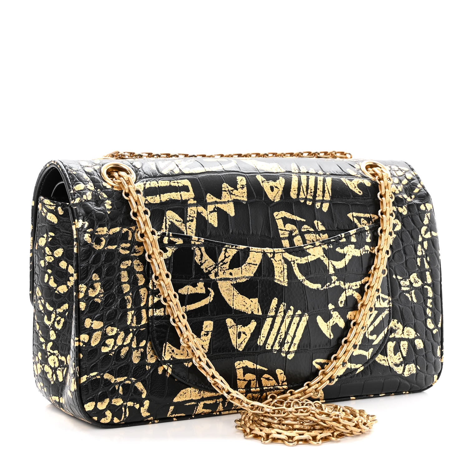 Chanel Calfskin Crocodile Embossed Graffiti 2.55 Cocodile Reissue 225 Flap Black Gold 3 of 12