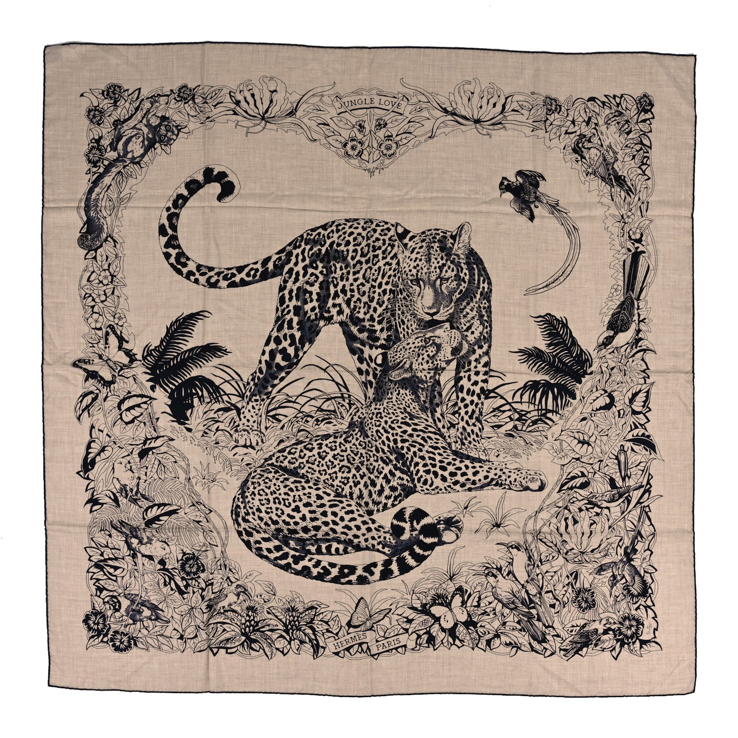 Cashmere Silk Jungle Love Tattoo Shawl 140 Natural Bleu Black