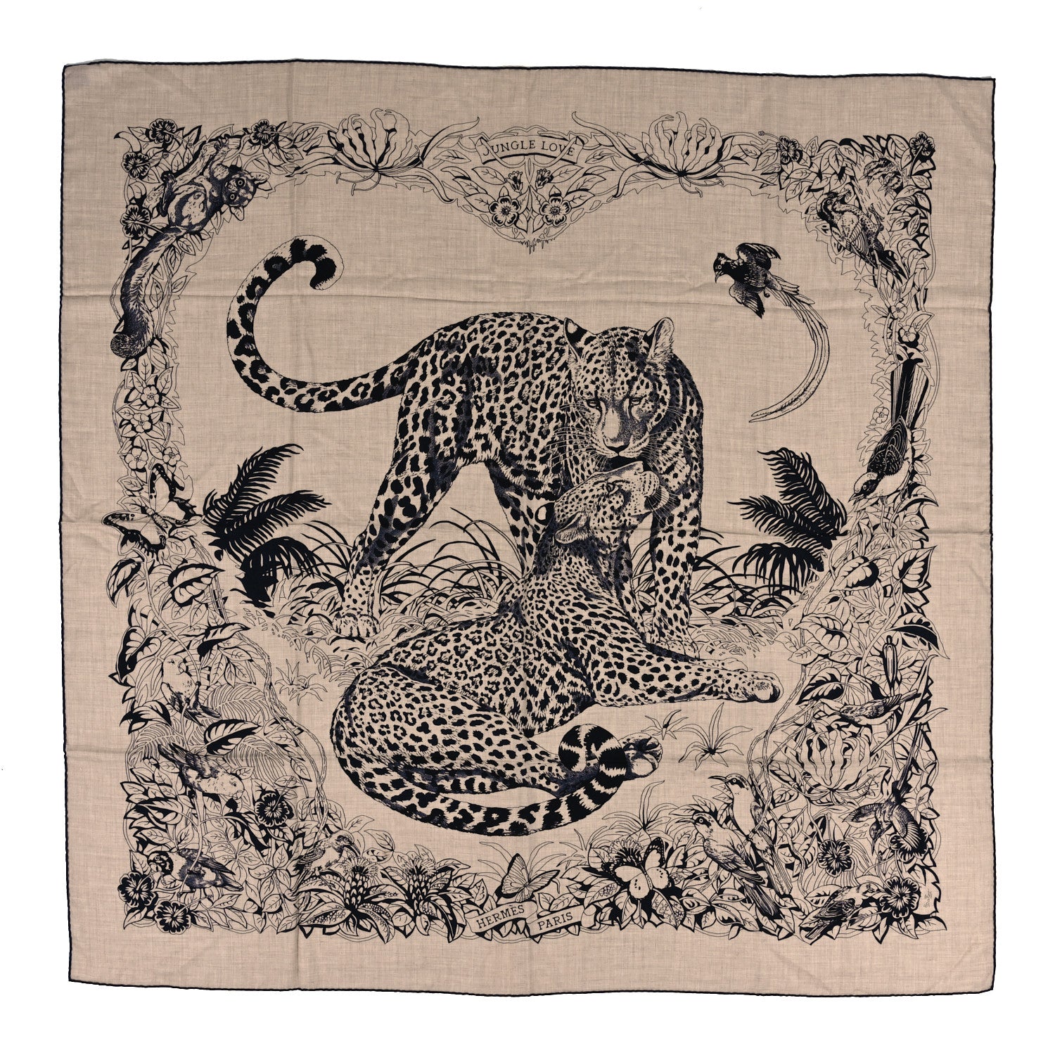 Hermes Cashmere Silk Jungle Love Tattoo Shawl 140 Natural Bleu Black 1 of 4