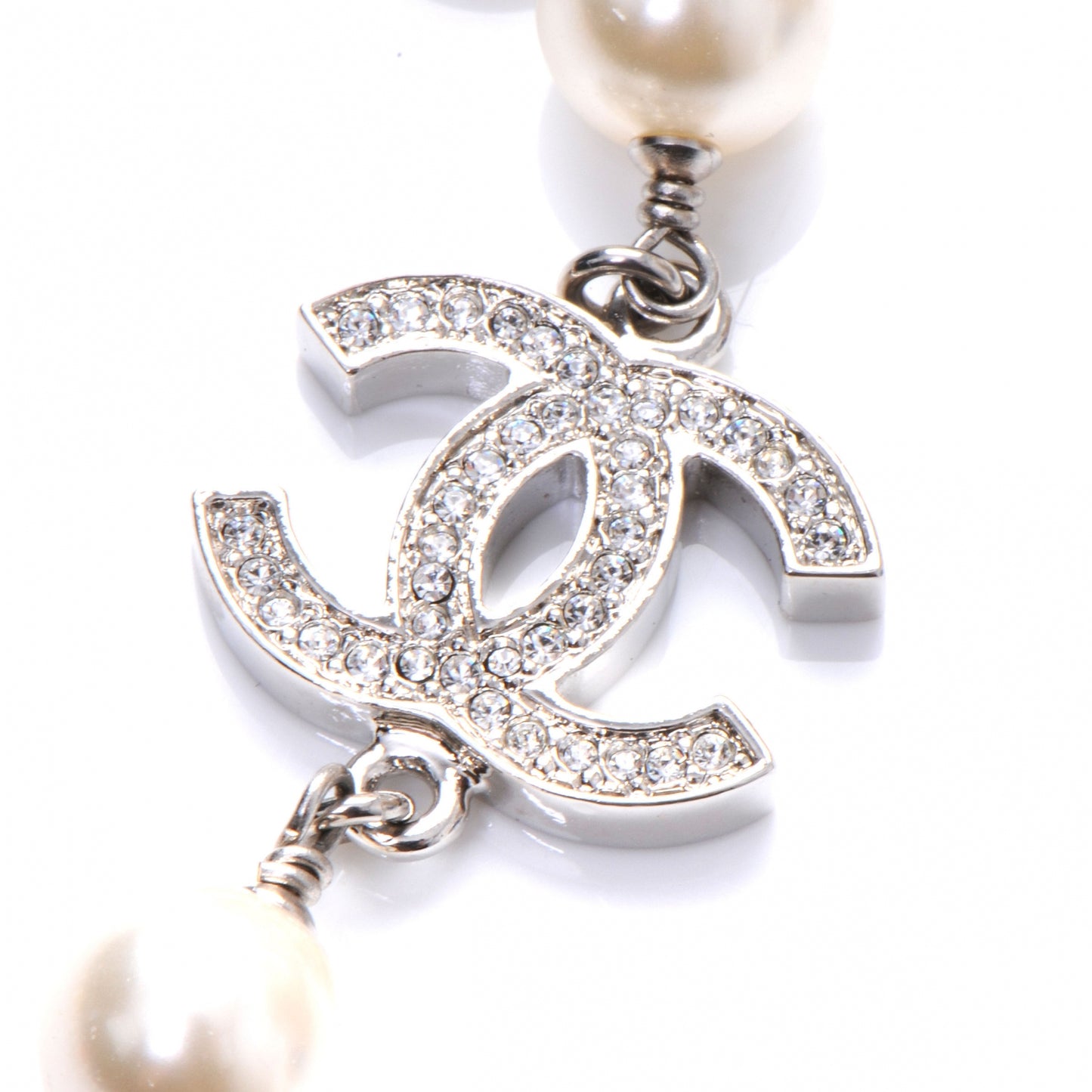 Crystal Pearl CC Long Necklace Silver
