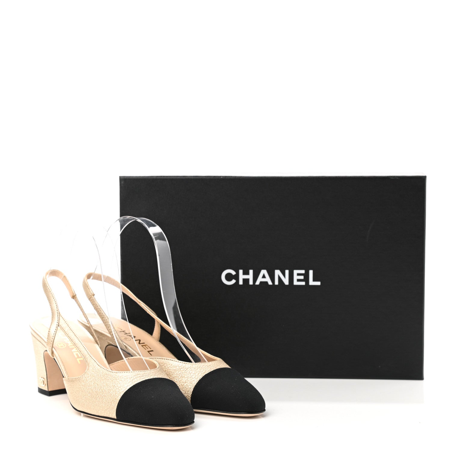 Chanel Metallic Lambskin Grosgrain Cap Toe CC Slingback Pumps 36.5 Gold Black 11 of 11