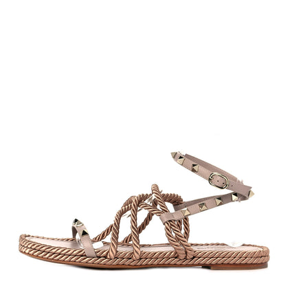 Valentino Garavani Calfskin Rockstud Ankle Wrap Torchon Espadrille Flat Sandals 41 Poudre 1 of 8