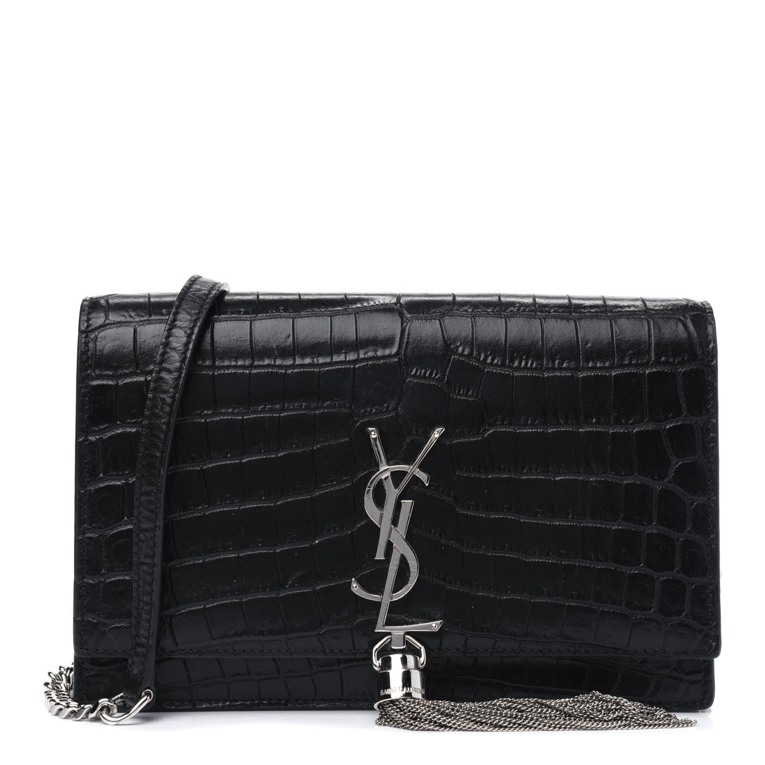 Saint Laurent Calfskin Crocodile Embossed Kate Monogram Tassel Chain Wallet Black 1 of 4