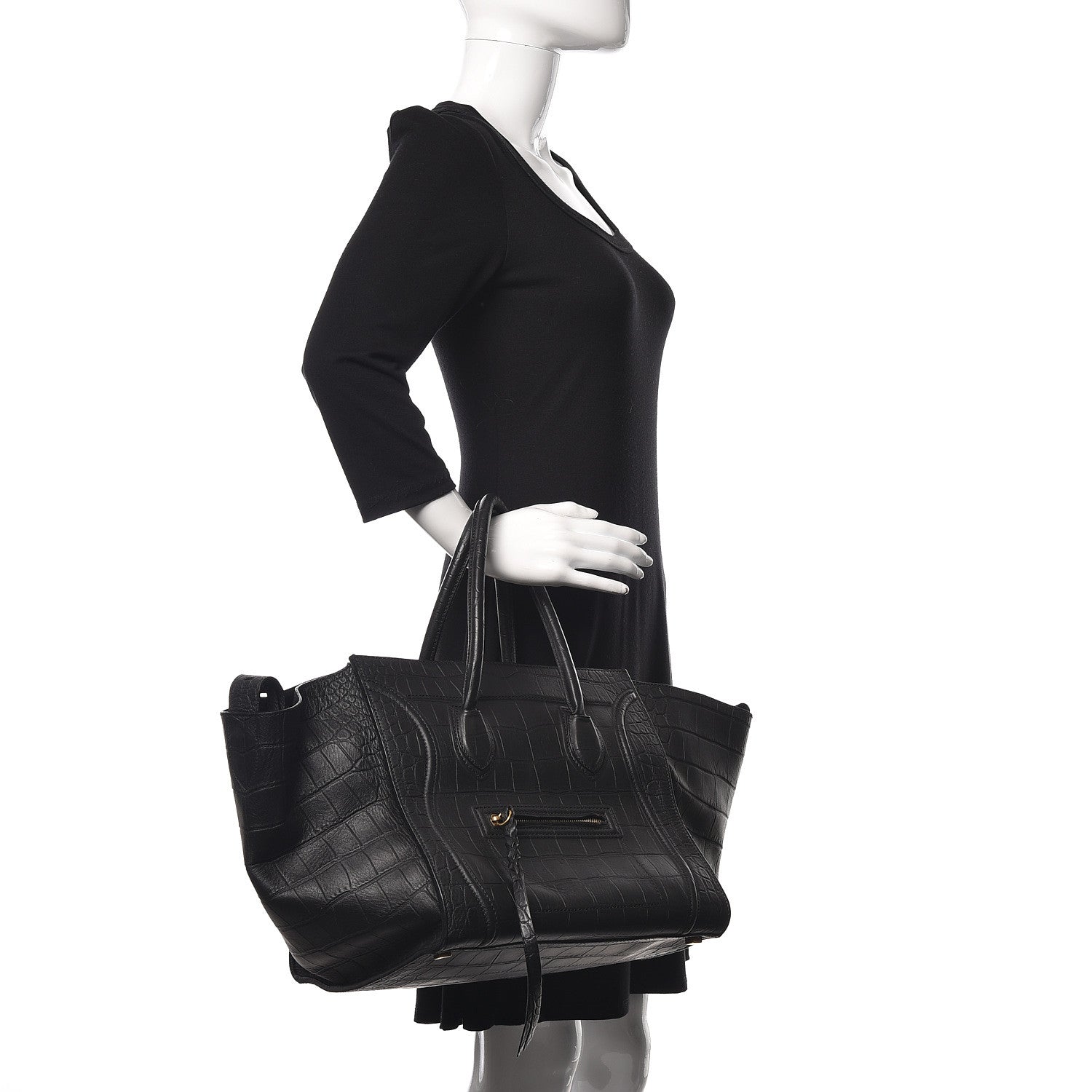Celine Crocodile Embossed Calfskin Medium Phantom Luggage Black 3 of 9