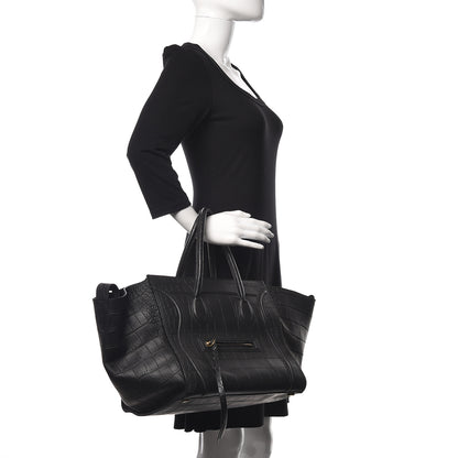 Celine Crocodile Embossed Calfskin Medium Phantom Luggage Black 3 of 9