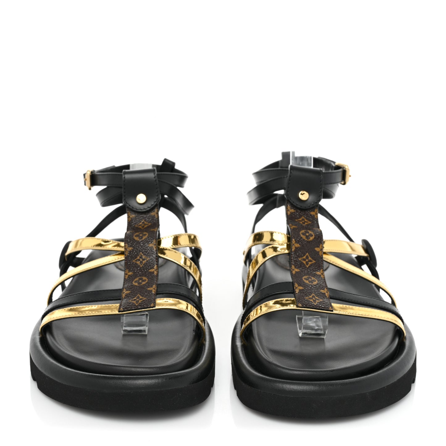 Patent Calfskin Monogram Pool Pillow Comfort Sandals 39 Gold Black Brown