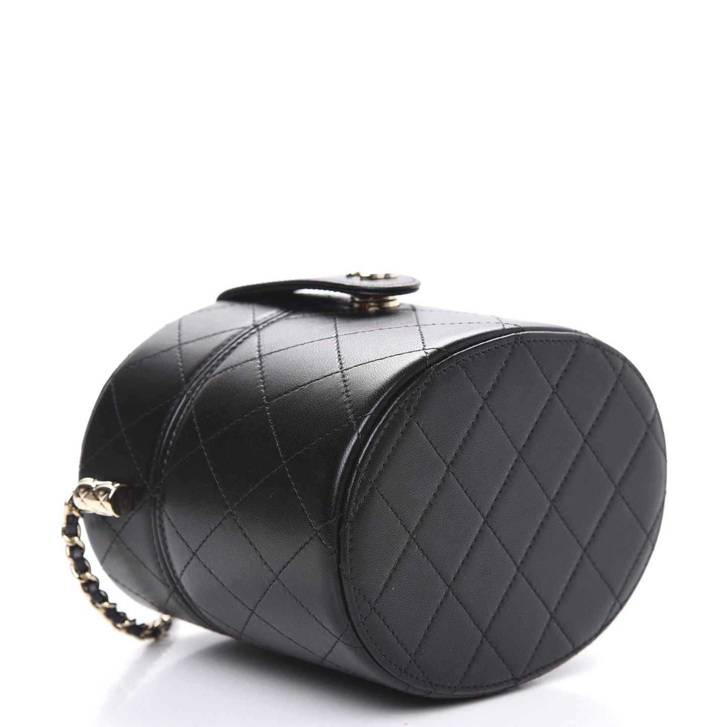 Lambskin Quilted Round Vanity Case With Chain Black