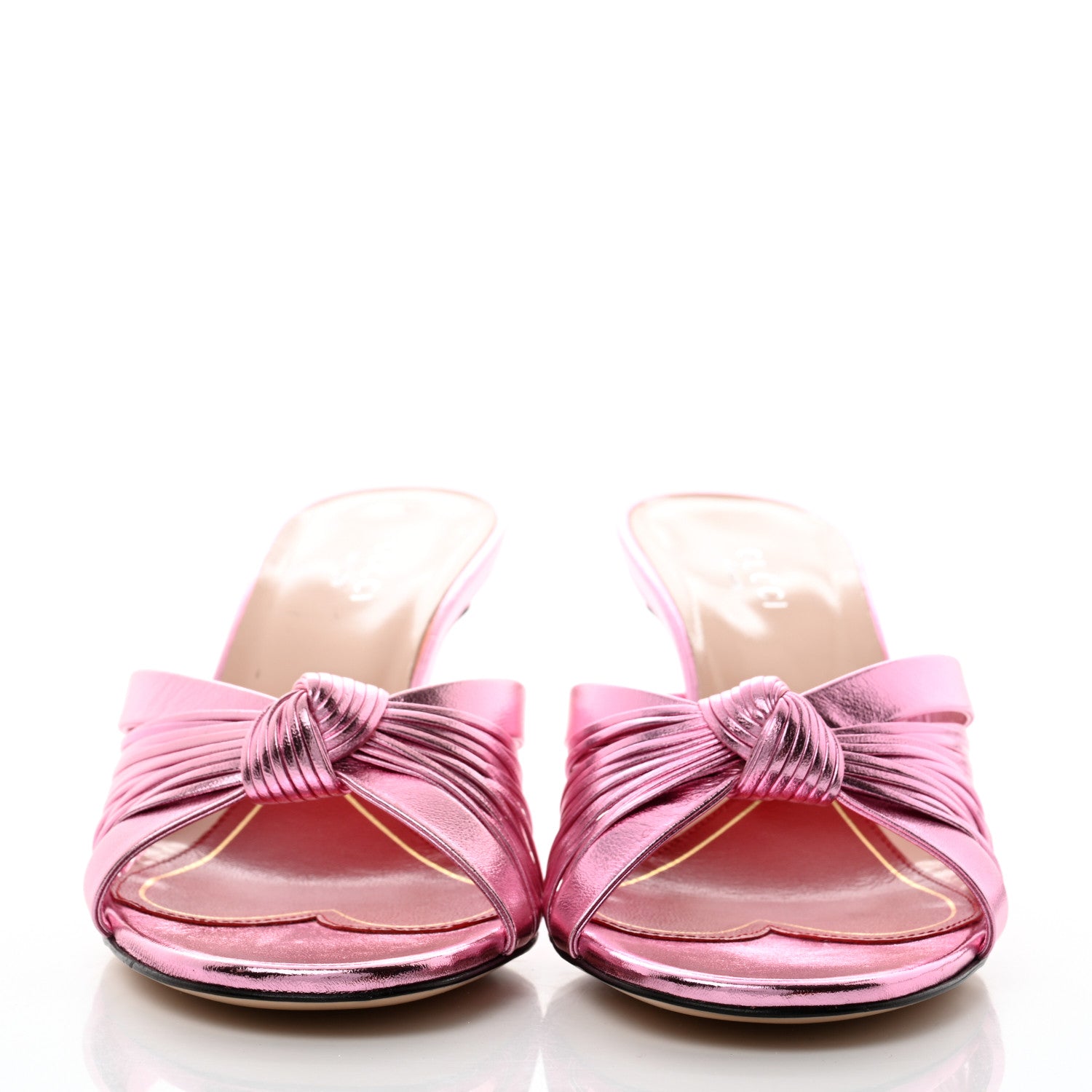 Gucci Metallic Nappa Crawford Knot Mid Heel Slide Sandals 37.5 Rosa 2 of 8