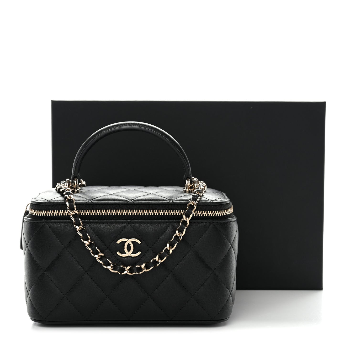 Lambskin Quilted Small Top Handle Vanity Case With Chain Black