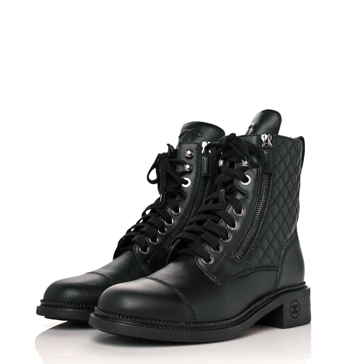 Calfskin Quilted Lace Up Combat Boots 38.5 Black