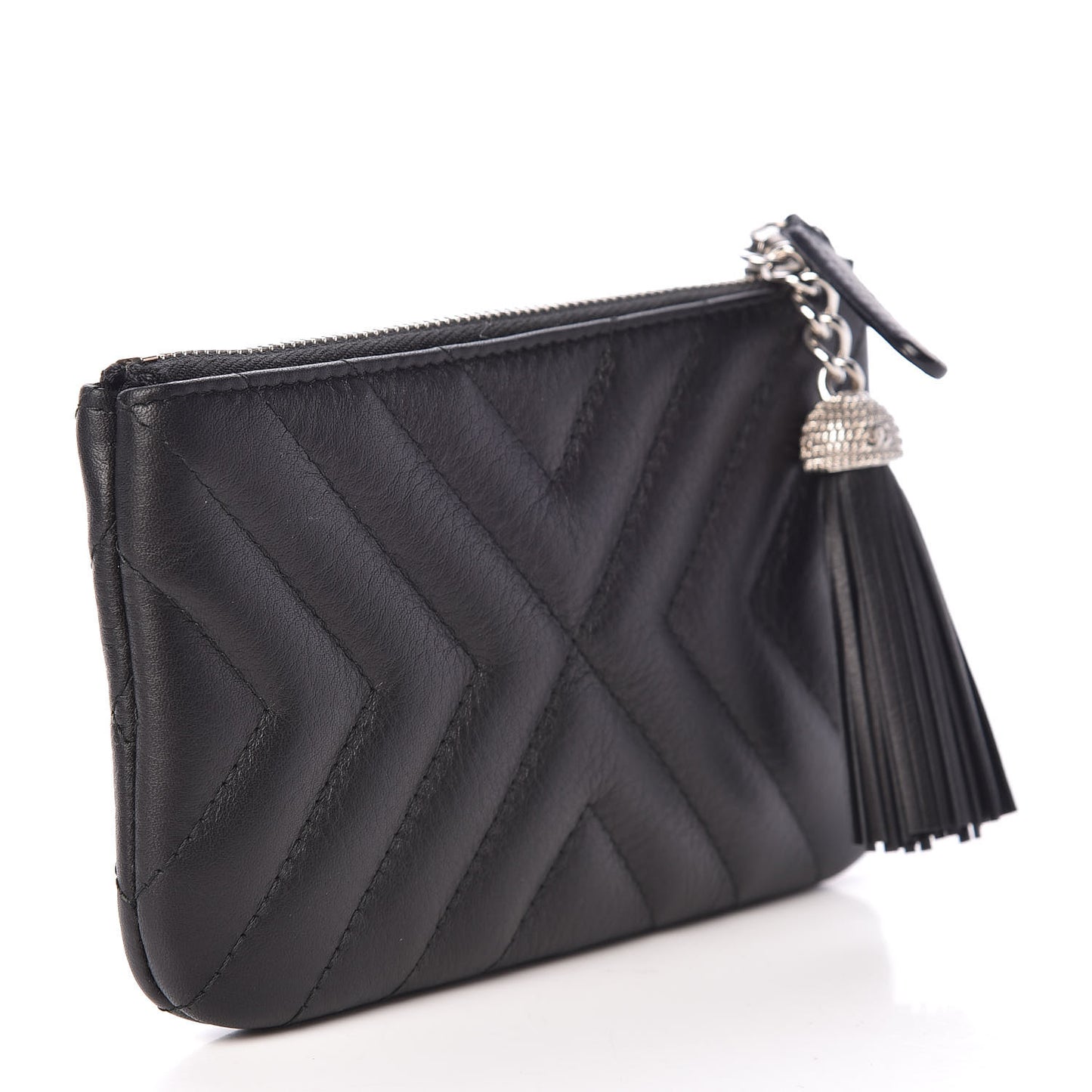 Calfskin Chevron Quilted Tassel Small Cosmetic Case Black