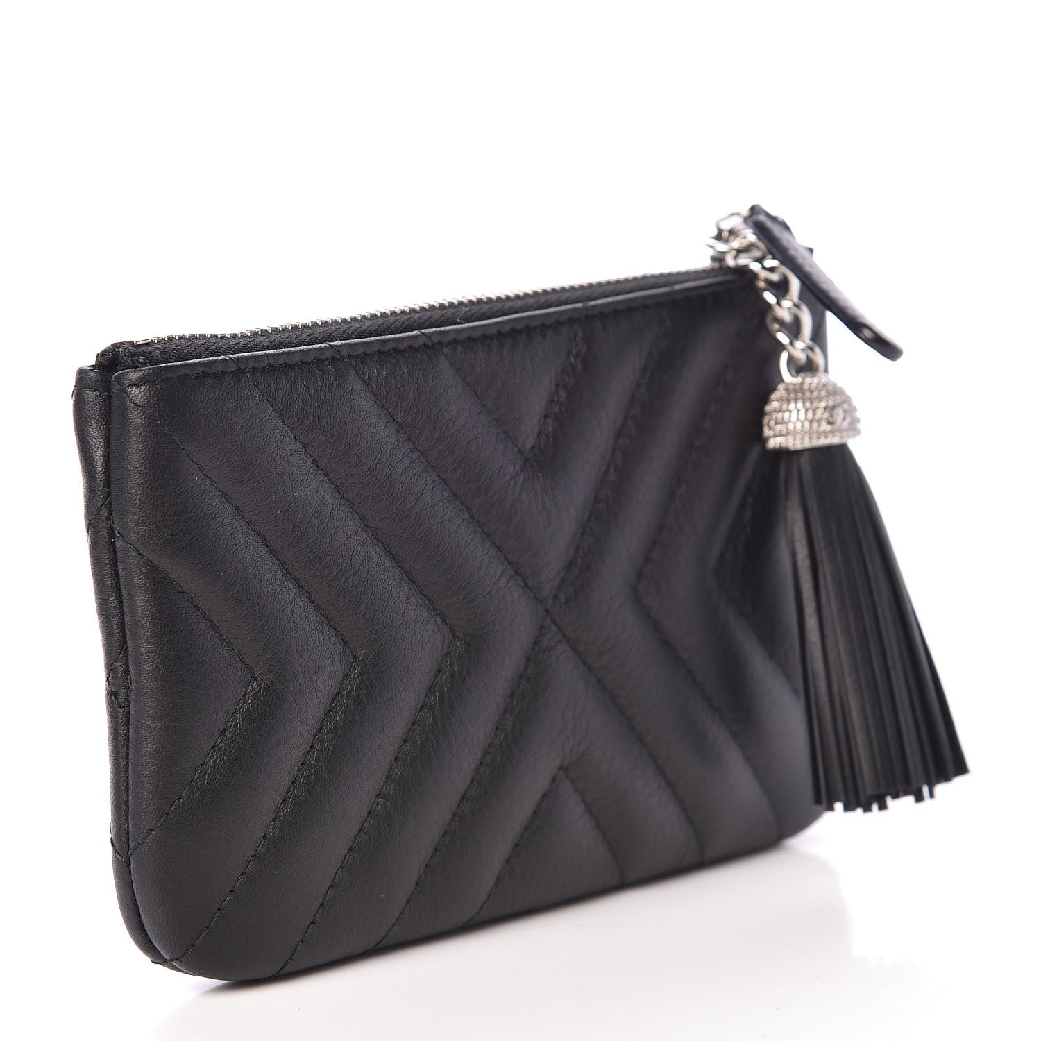 Chanel Calfskin Chevron Quilted Tassel Small Cosmetic Case Black 3 of 8