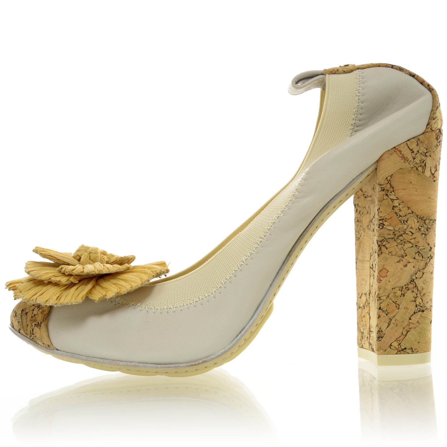 Cork Raffia Camellia Elastic Pumps Heels 38.5