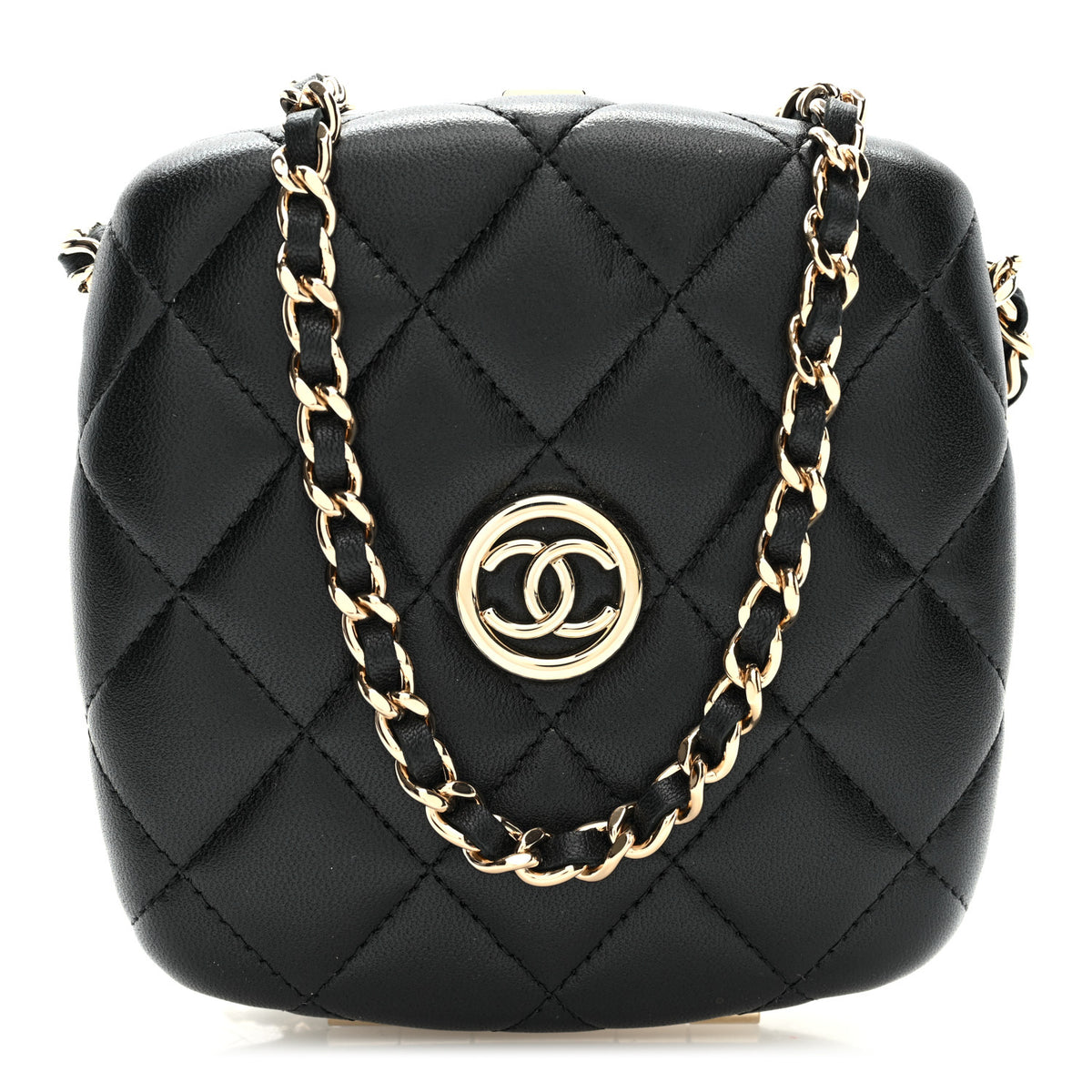 Lambskin Quilted Compact Vanity Case Purse With Chain Black
