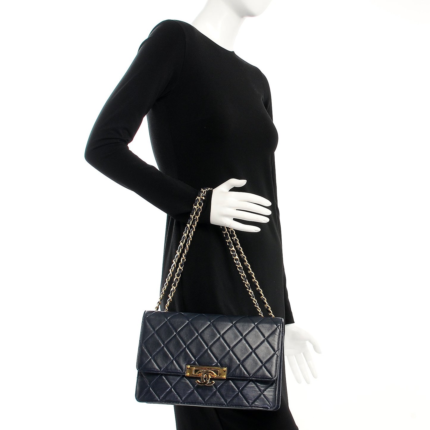 Lambskin Quilted Large Golden Class Flap Navy