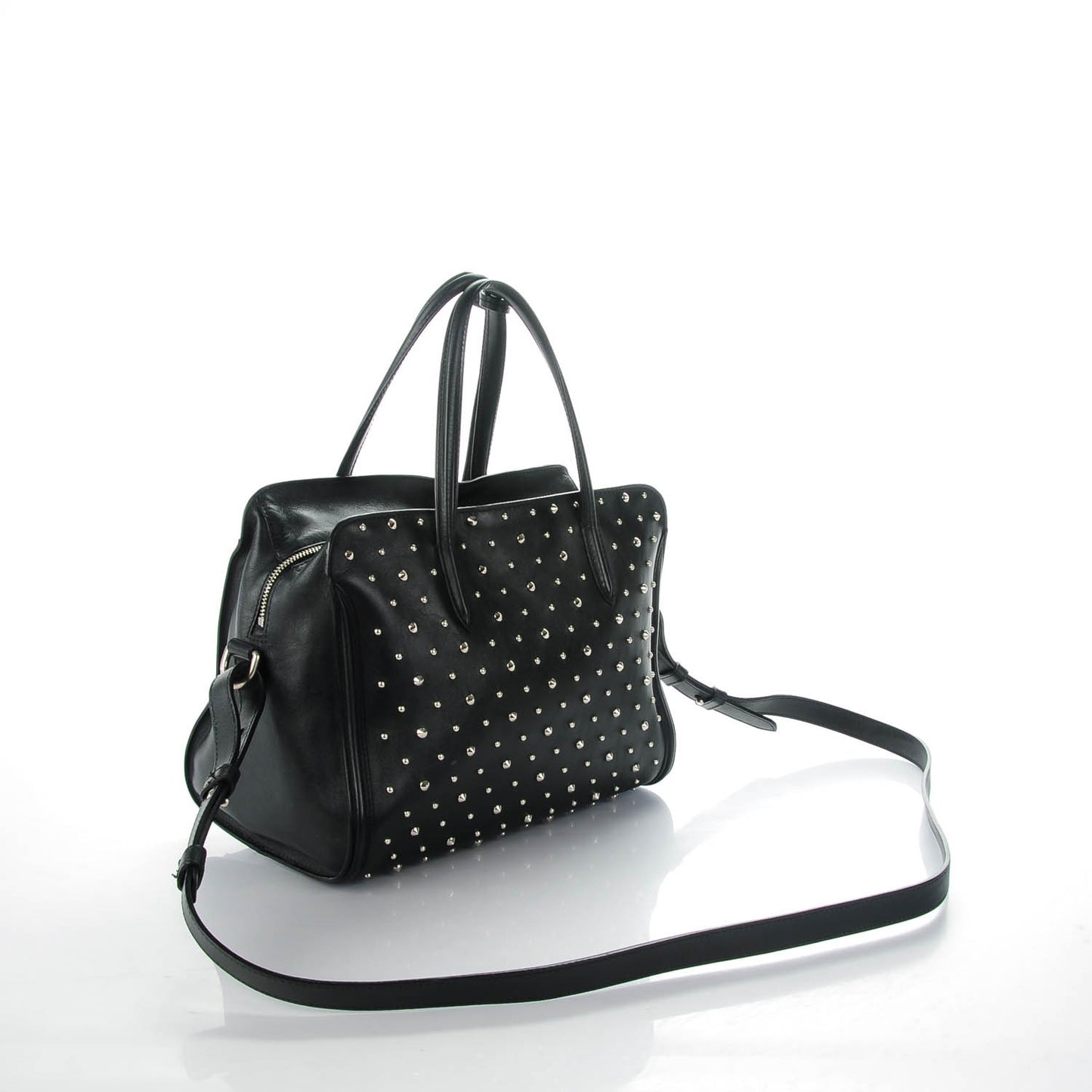Calfskin Small Studded Padlock Zip Around Tote Black