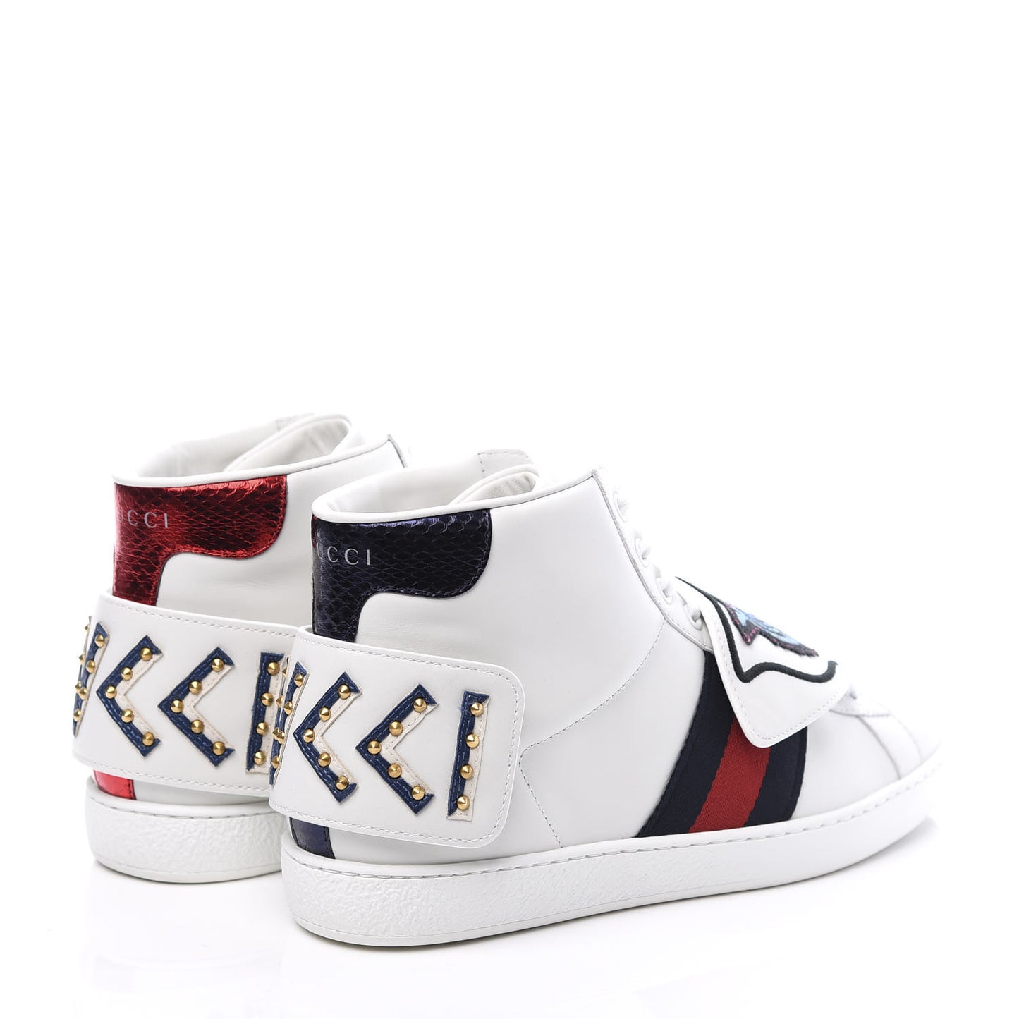 Calfskin Ayers Web Tiger GUCCI Removable Patches Mens Ace High Top Sneakers 5 White