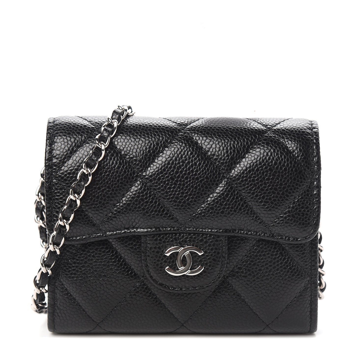Caviar Quilted Flap Card Holder On Chain Black