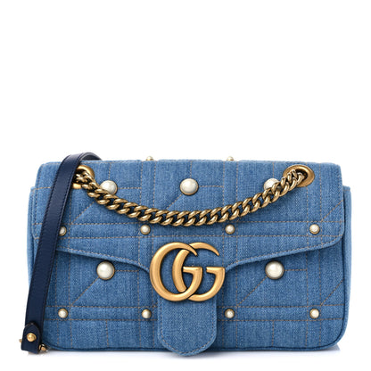 Gucci Denim Matelasse Pearl Studded Small GG Marmont Shoulder Bag Blue 1 of 9