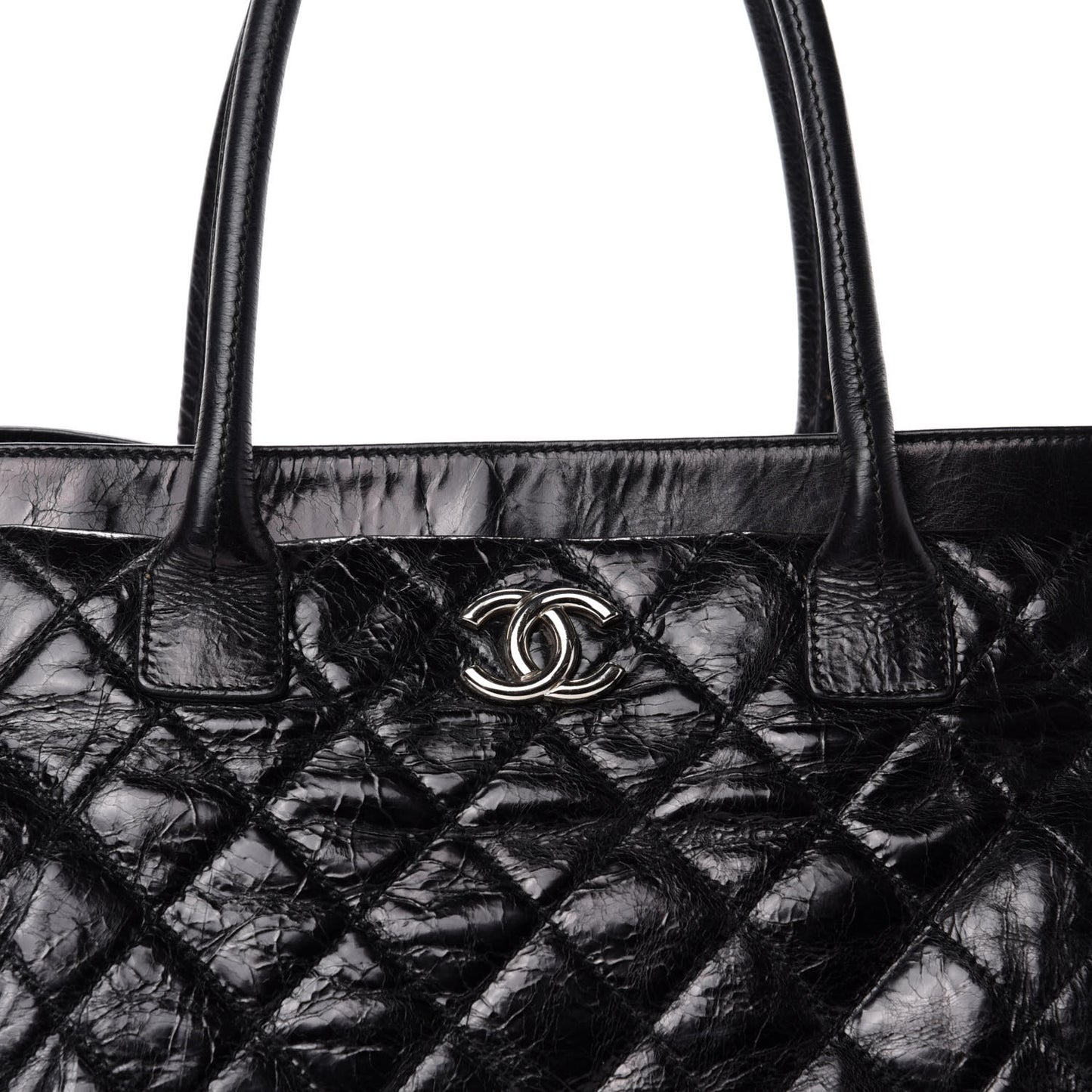 Glazed Calfskin Quilted Large New Portobello Tote Black