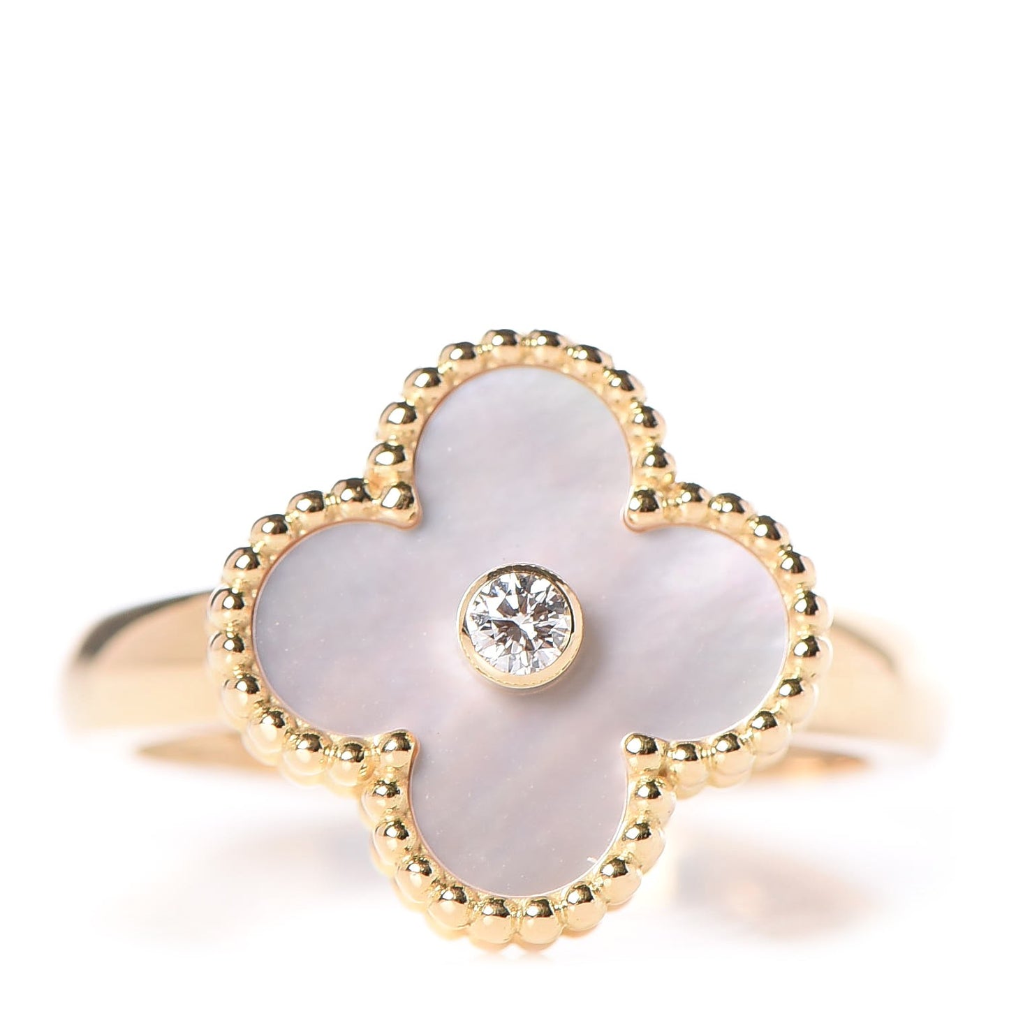 18K Yellow Gold Mother of Pearl Diamond Vintage Alhambra Ring 58 8.5