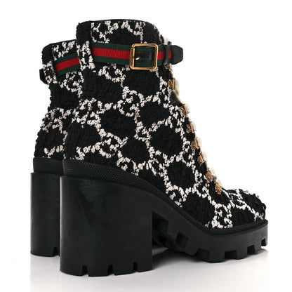 Gucci Tweed GG Monogram Lace Up Combat Ankle Boots 40.5 Black 8 of 16
