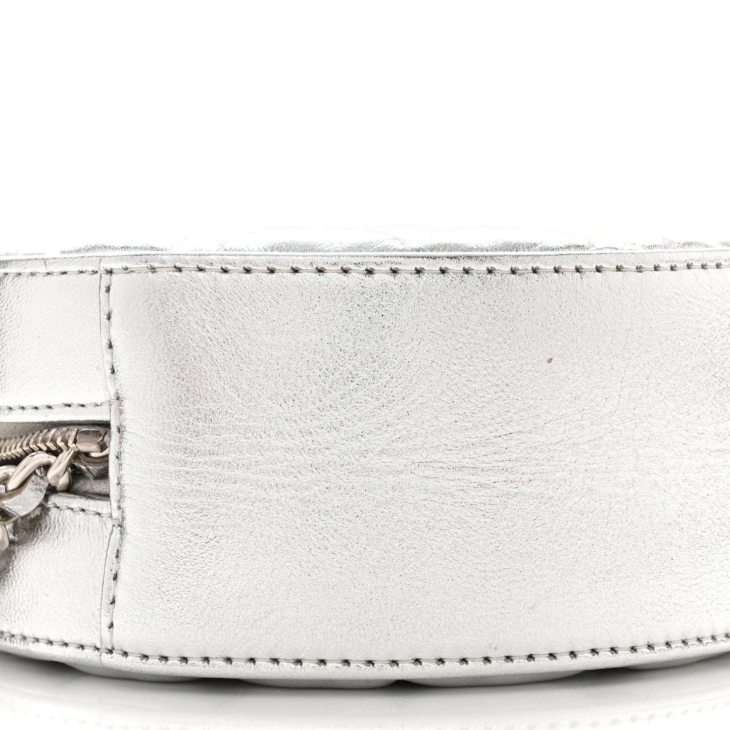Metallic Calfskin Quilted Round Bracelet Clutch With Chain Silver