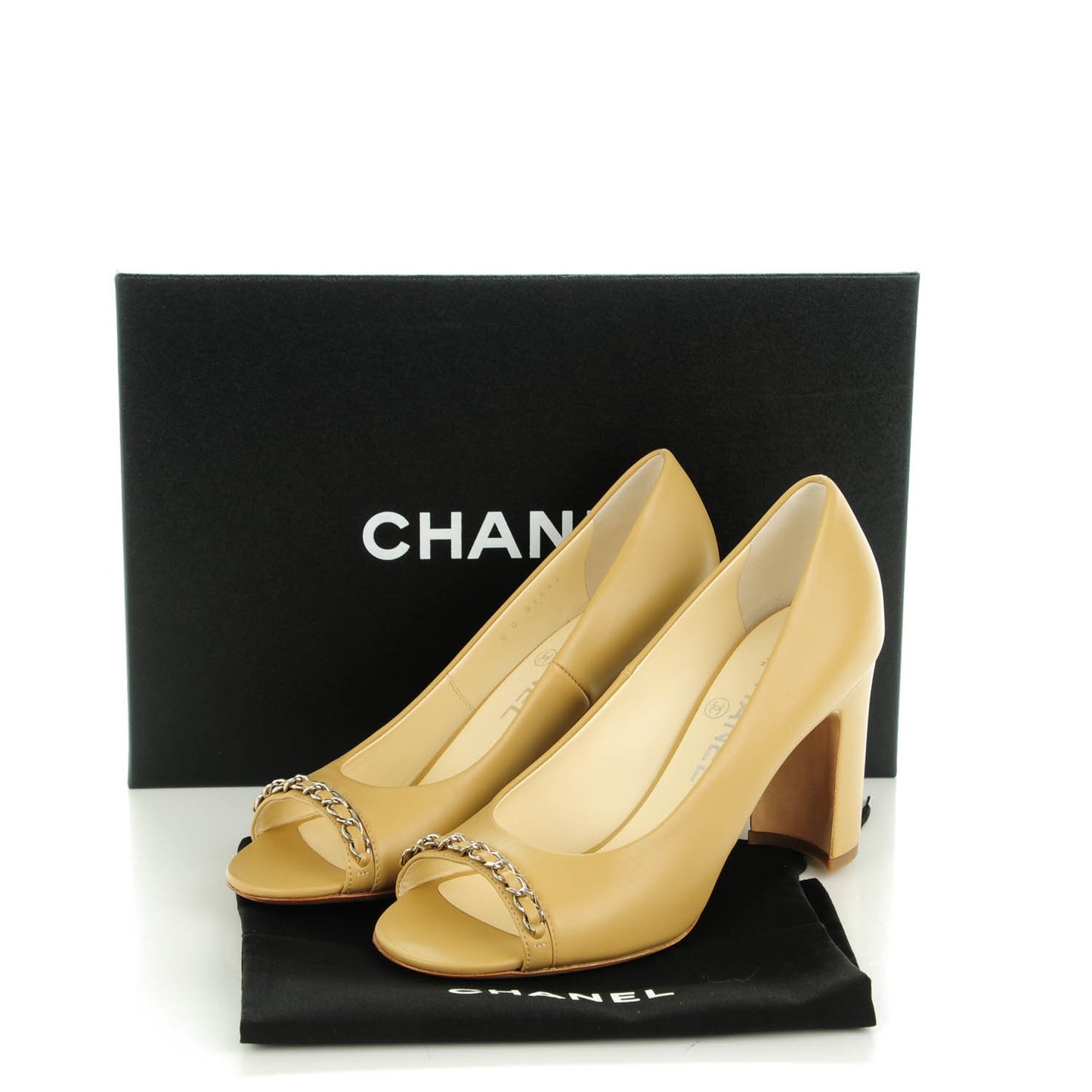Calfskin Chain Peep Toe Pumps 37 Beige