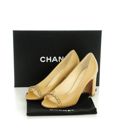 Chanel Calfskin Chain Peep Toe Pumps 37 Beige 8 of 8
