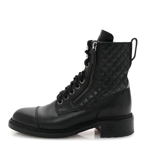 Calfskin Quilted Lace Up Combat Boots 37.5 Black