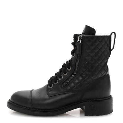 Chanel Calfskin Quilted Lace Up Combat Boots 37.5 Black 1 of 10