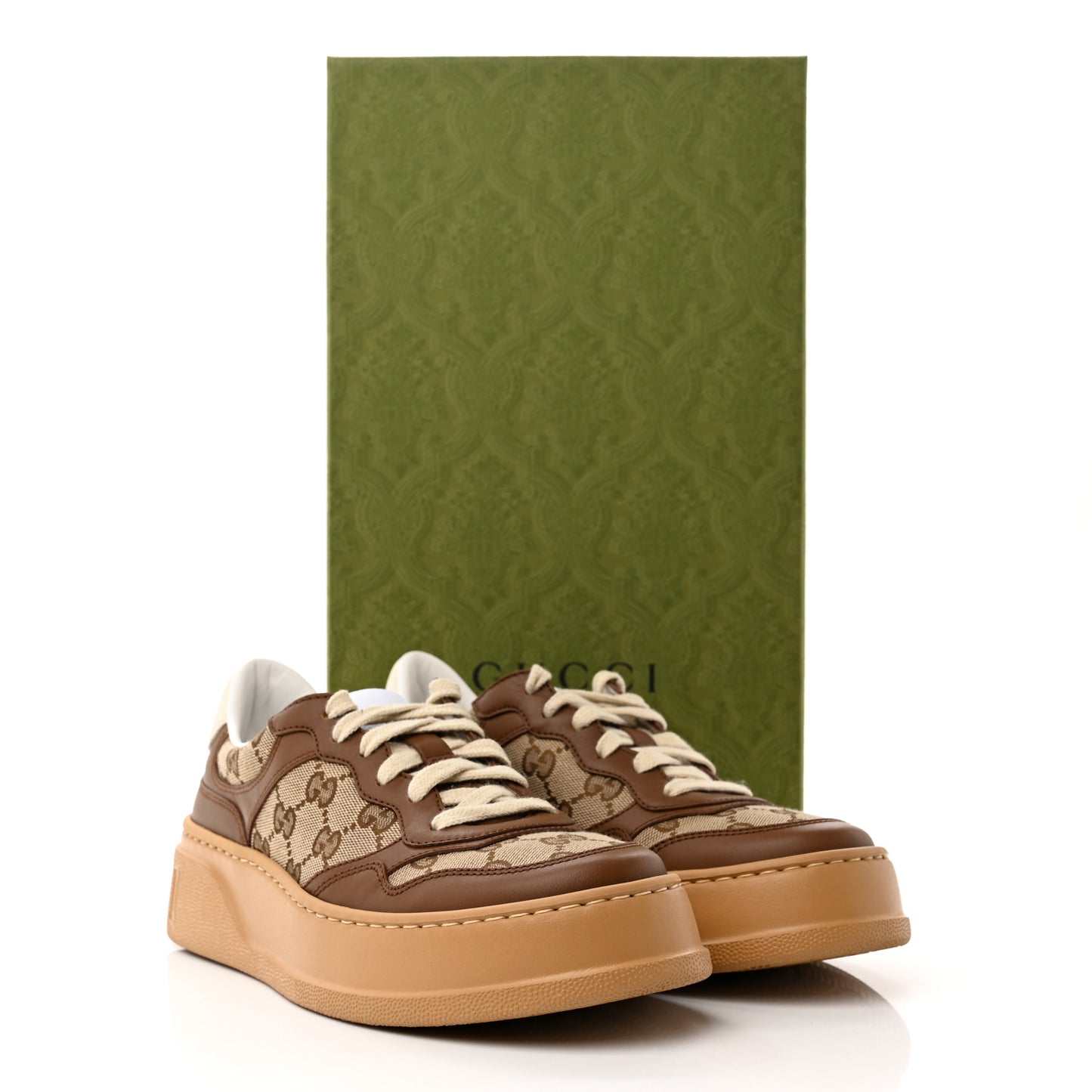 Calfskin GG Monogram Womens Platform 55mm Sneakers 37.5 Hezelnut Beige Ebony Mystic White