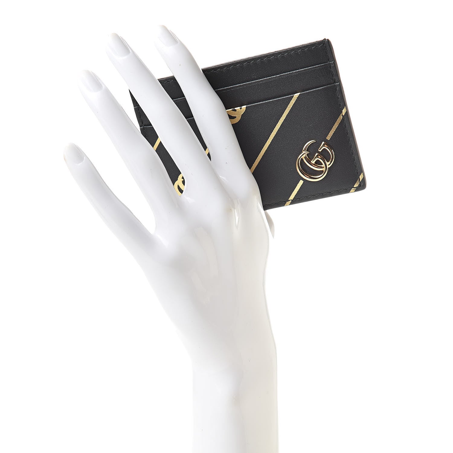 Gucci Calfskin Diagonal GG Card Holder Black Gold 2 of 7