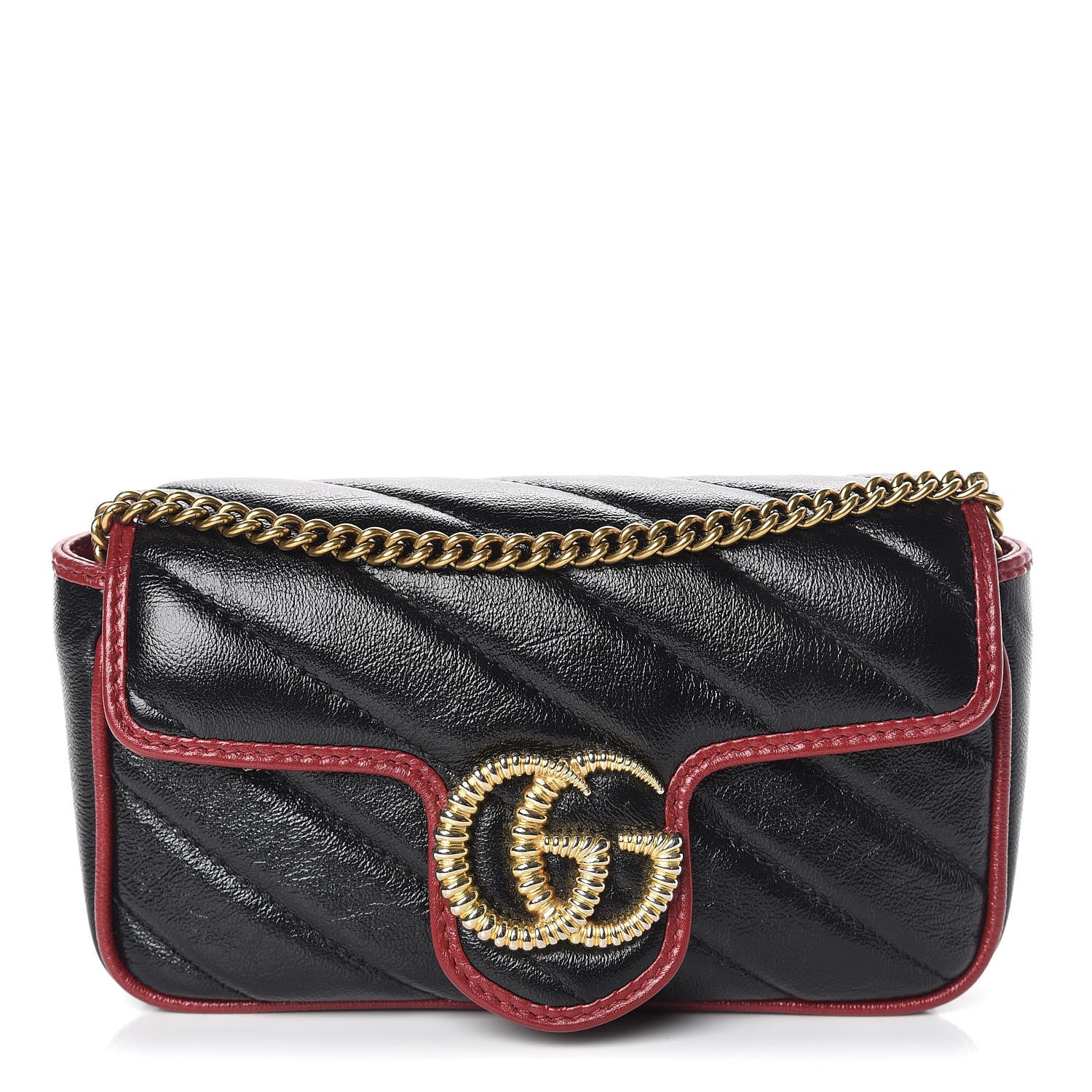 Gucci Vintage Effect Calfskin Matelasse Diagonal Super Mini Torchon GG Marmont Shoulder Bag Black Romantic Cherry 1 of 11