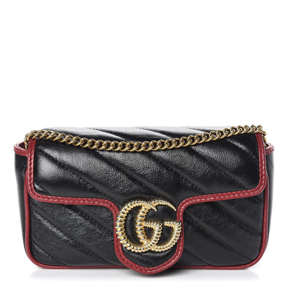Gucci Vintage Effect Calfskin Matelasse Diagonal Super Mini Torchon GG Marmont Shoulder Bag Black Romantic Cherry 1 of 11
