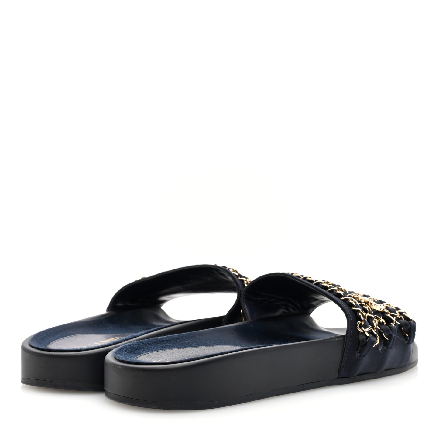 Satin Canvas Chain Slides Sandals Flats 39 Marine